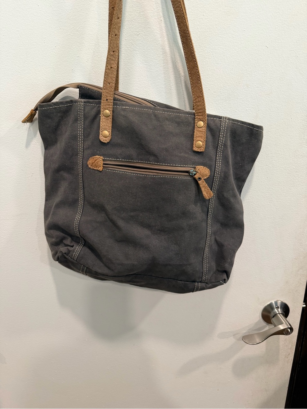 Myra Bag Black and White Floral Canvas Tote with Brown Accents - Picture 6 of 13